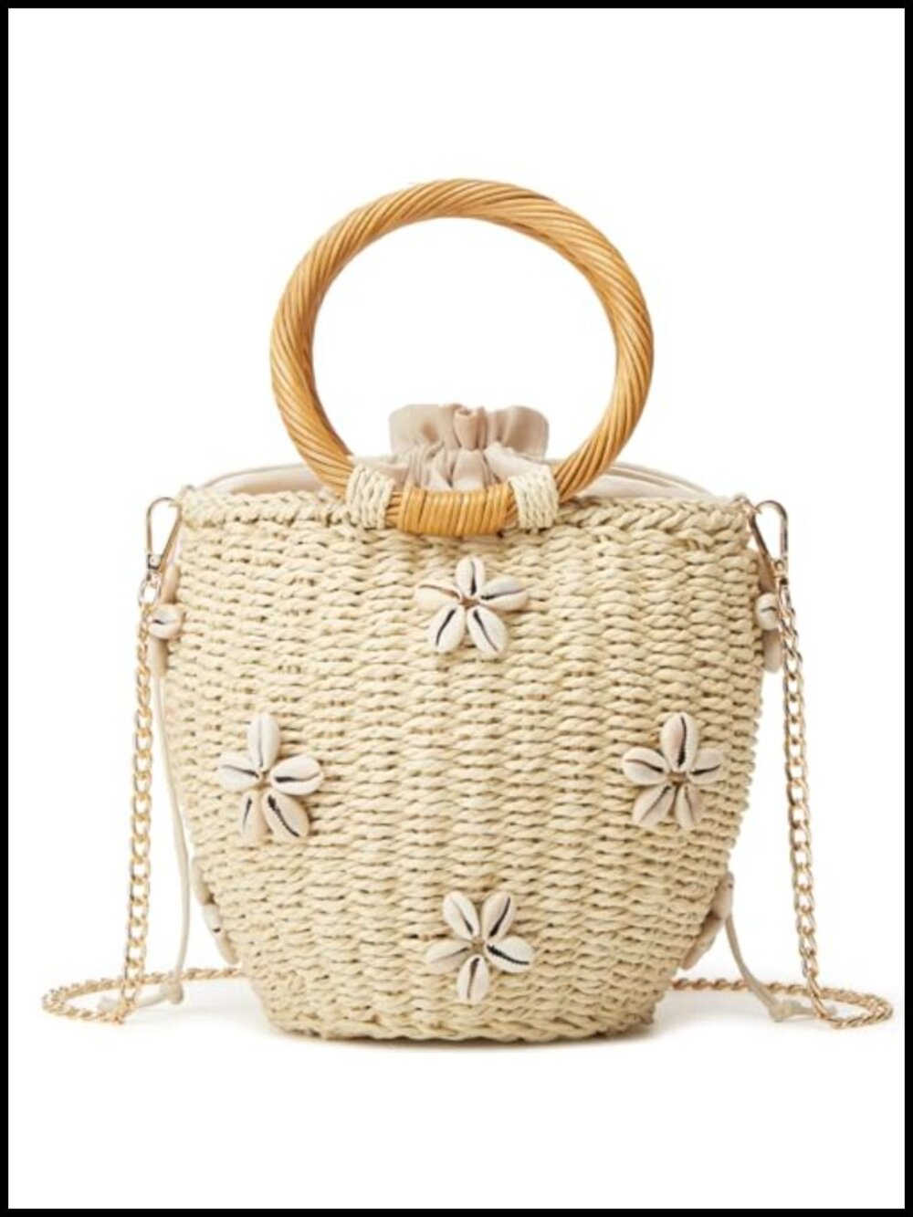 Straw Bucket Tote Bag Women Handwoven Rattan Shell Purse Drawstring Pearl